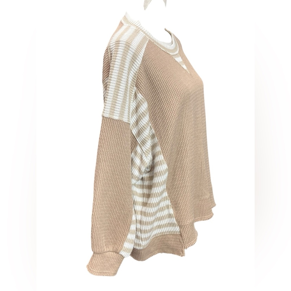 BiBi Waffle Knit Oversized Sweater Large Tan Cream Striped Boho Cozy Pullover - Picture 3 of 8